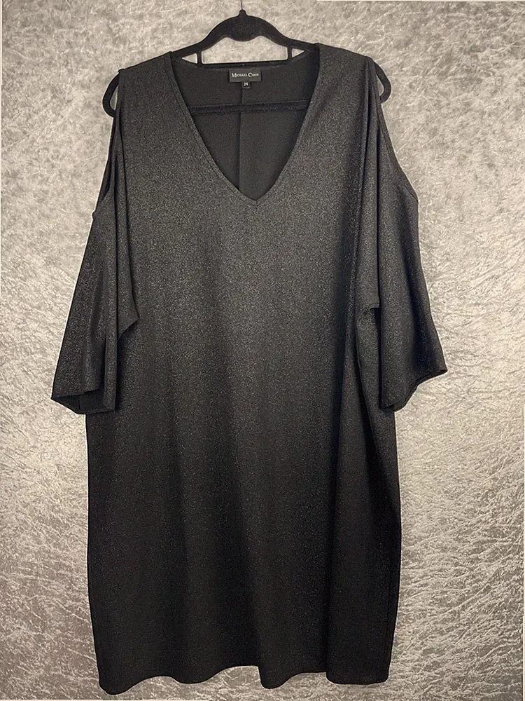 Michael Chris Gr. 24 schwarz Glitzer Stoff Kleid Midi 1/2 Arm Cold Shoulder