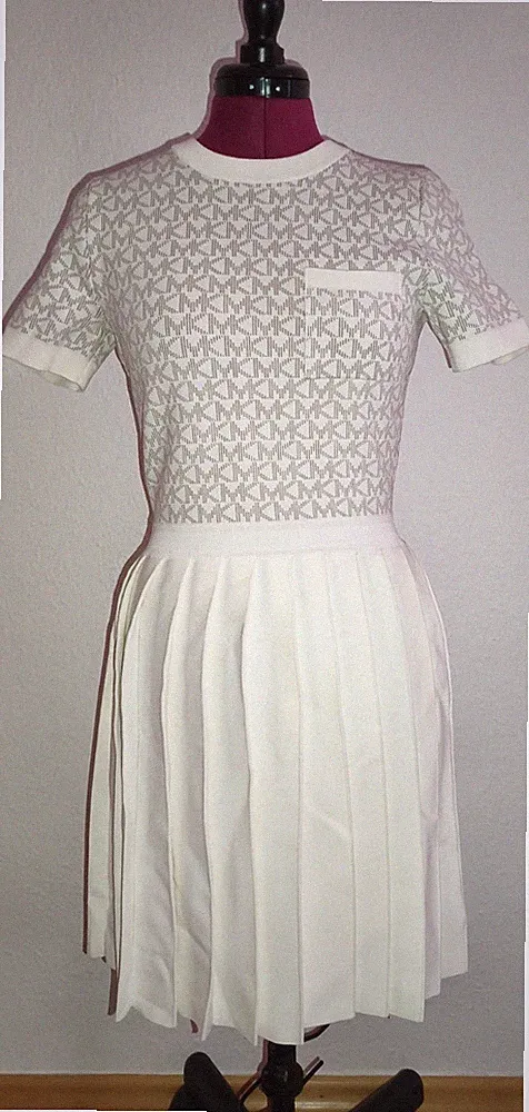 MICHAEL KORS Damen A-Linien-Kleid XS Weiß geometrisch Kurzarm mit Monogramm