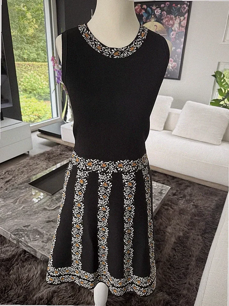 Michael Kors Damen Kleid schwarz/weiß/orange XS kurz A-Linie ärmellos Blumen RV