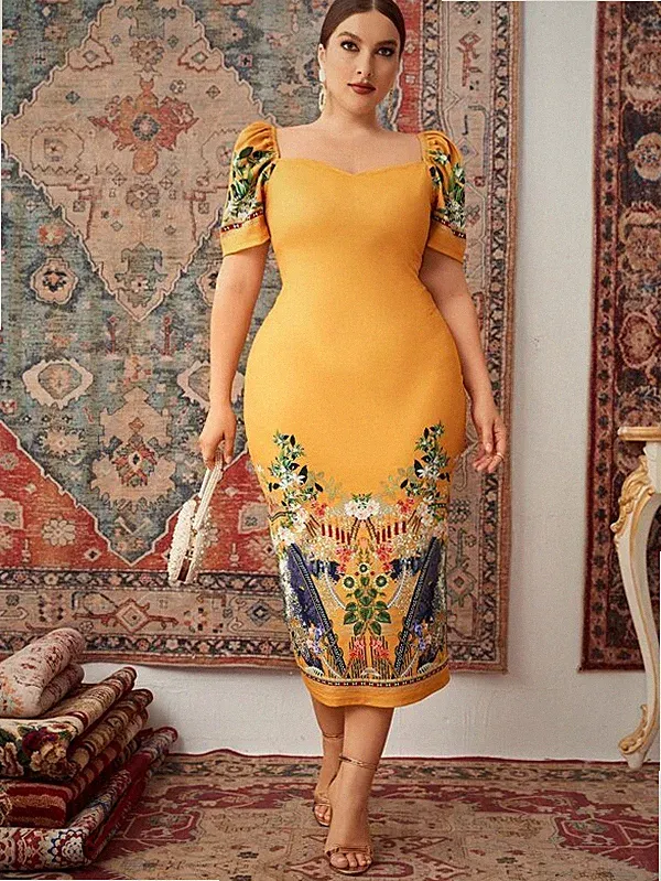 Midi Abendkleid Übergröße Elegant Etuikleid Party Cocktail Gelb