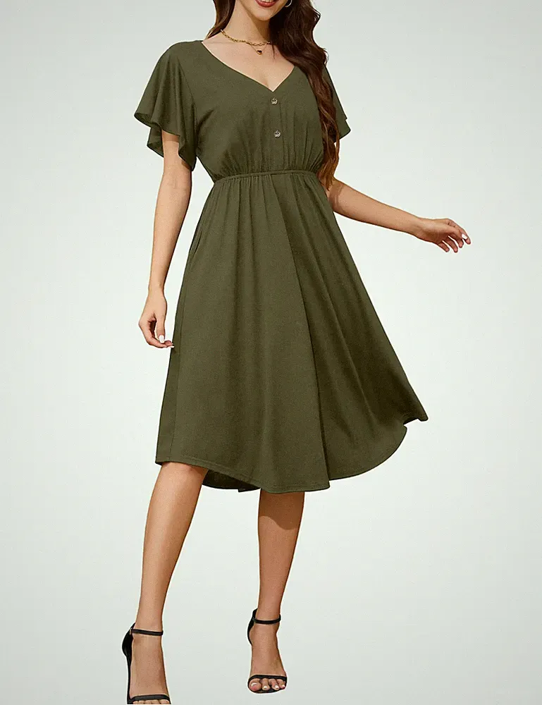 Midi Kleid Kleid Damen Olive L Damenmode Sommerkleid A-Linie Neu