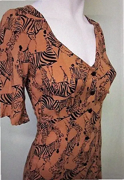 Midi Kleid Volant Dress Zebra Druck schick Gr.XS 34 Ocker-Braun, Animal Print