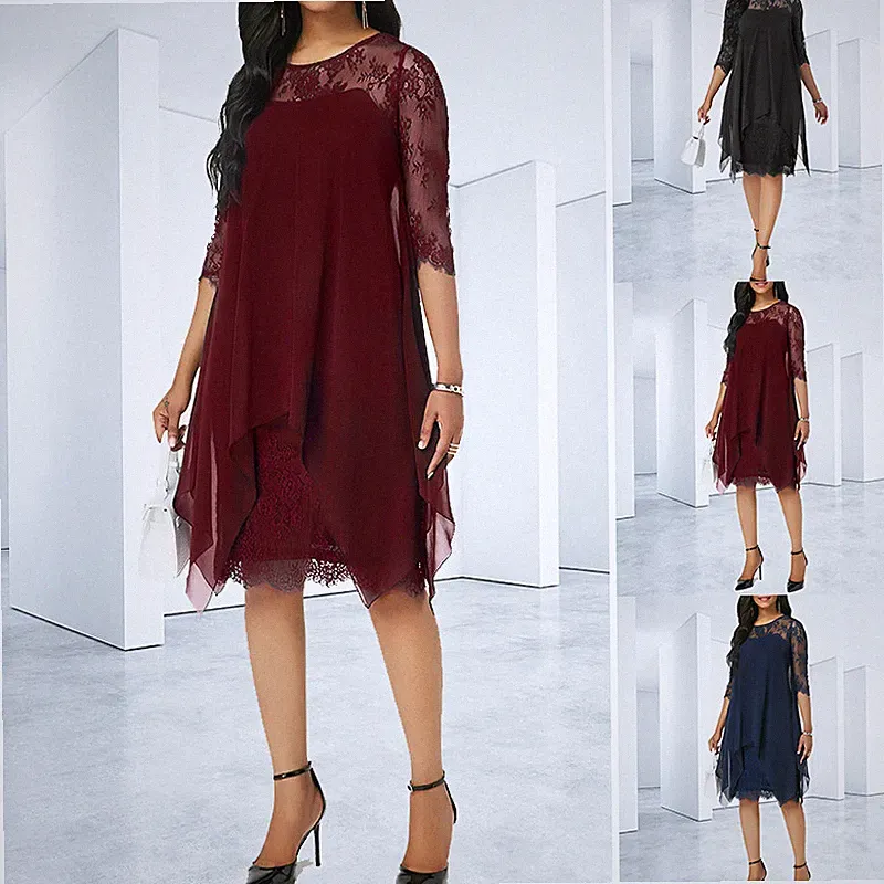 Midi Party Kleid Damen solide Chiffon Patchwork Frühlings Abend Party Kleider