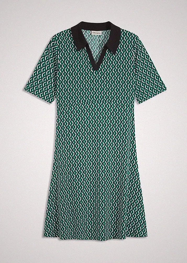 Midi-Polokleid in A-Linie Gr. 48/50 Waldgrün Schwarz Graphisch Damen-Kleid Neu*