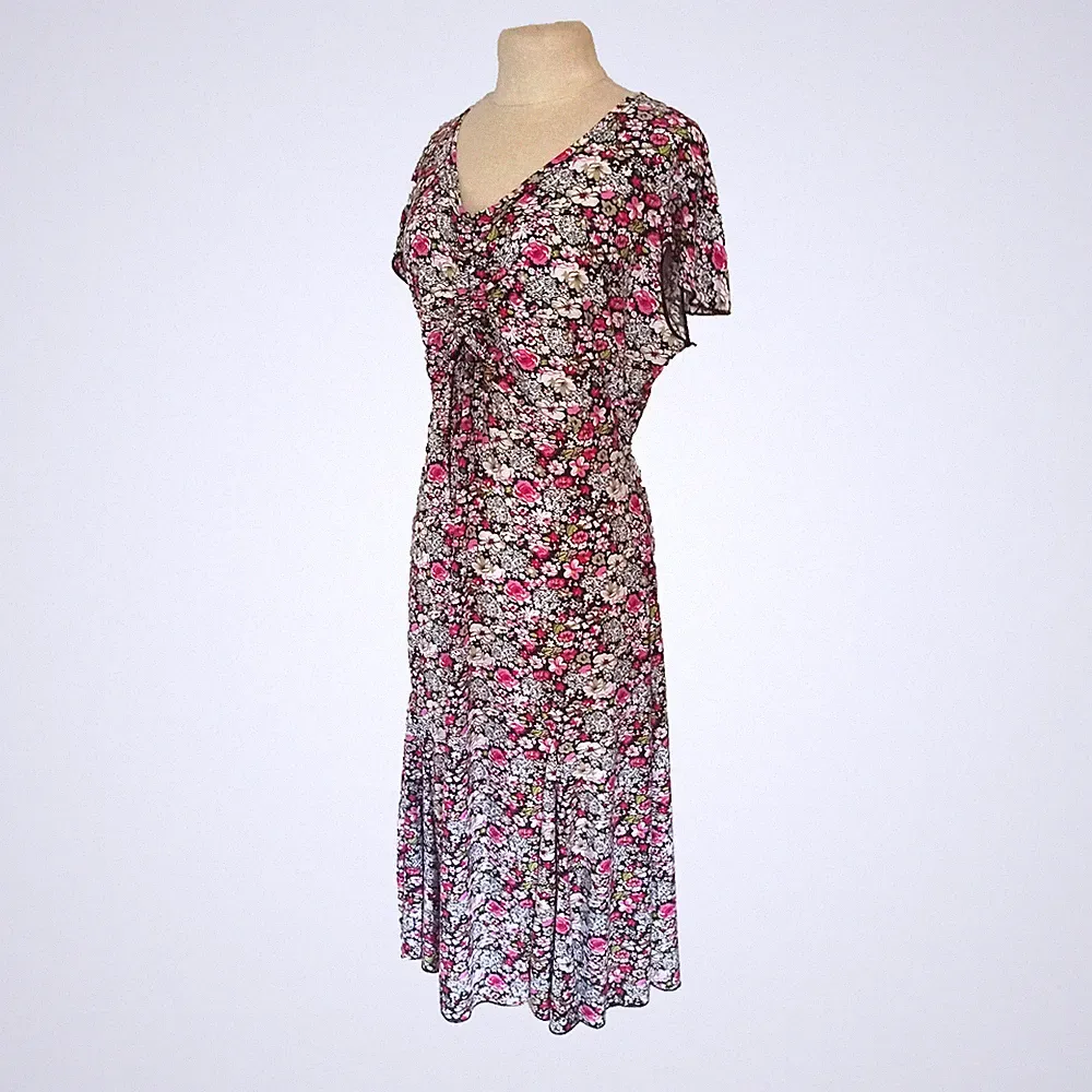 Midi Sommerkleid 💙 Blumenmuster Rosa A-Linie J824J -2XL- passt 40,42,44,46,M,L