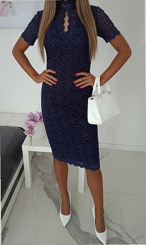 Midikleid aus Spitze Dunkelblau Xs 34