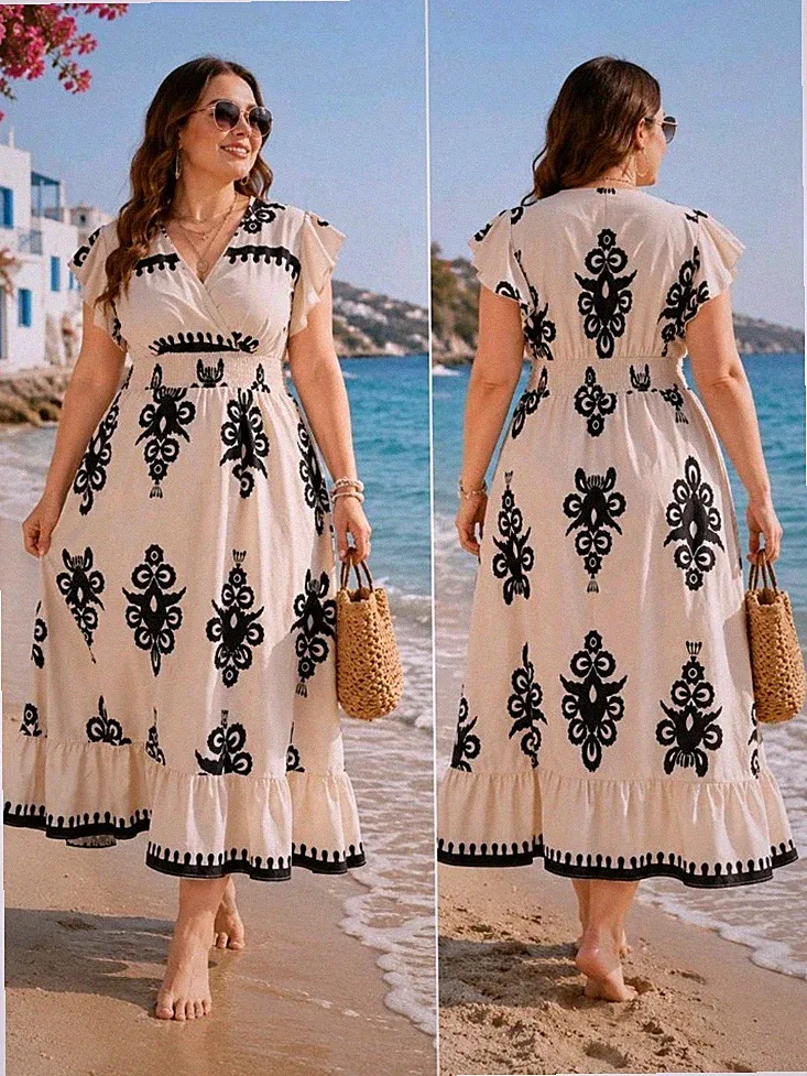 Midikleid Damen 4XL Beige/Schwarz grafisch A-Linie V-Ausschnitt Rüschen