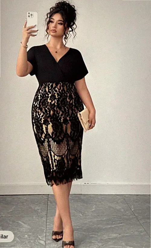 Midikleid Damen Größe 1XL 16 schwarz hellgold Spitze 44 Zoll Hochzeitsgast