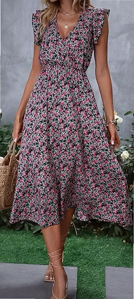 Midikleid Damen S/M Mehrfarbig Blumenmuster A-Linie V-Ausschnitt Rüschen Kurzarm