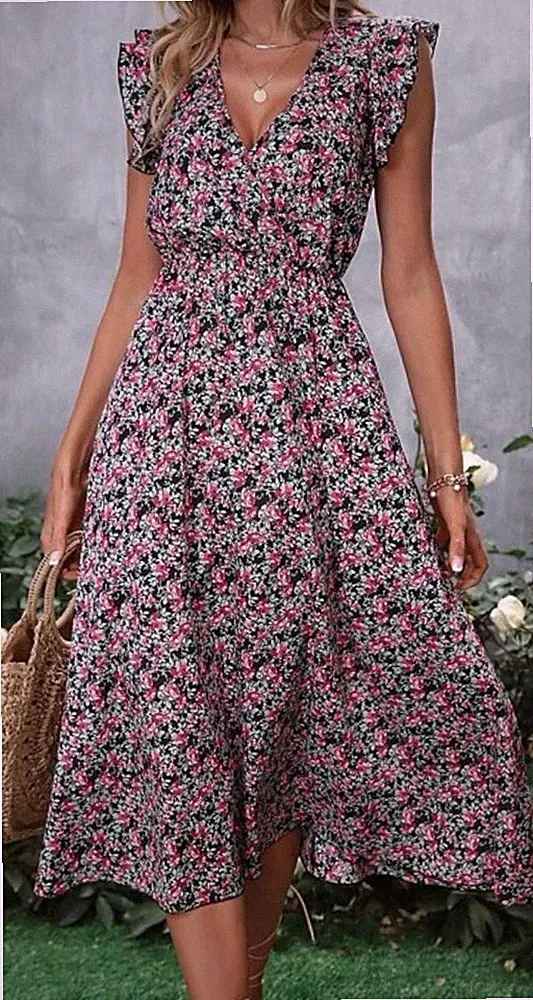 Midikleid Damen S Schwarz/Rosa/Grün Blumenmuster A-Linie V-Ausschnitt Rüschen