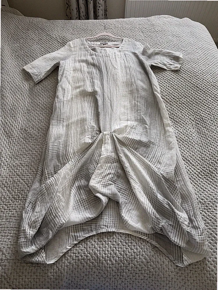 Midikleid sahara weiß grau kariert leichtes Leinenmischung Gr. XL Lagenlook