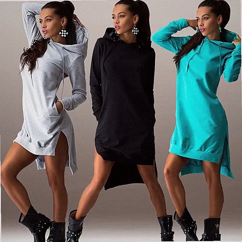 Minikleid Kleid Langarm Kapuzenpullover Pulli asymmetrisch Schwarz Grau BC246