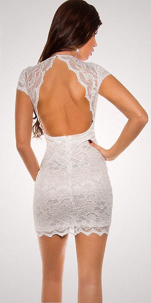 Minikleid WEISS S/Ärmel mit Blumenspitze bestickt Rückenausschnitt -L