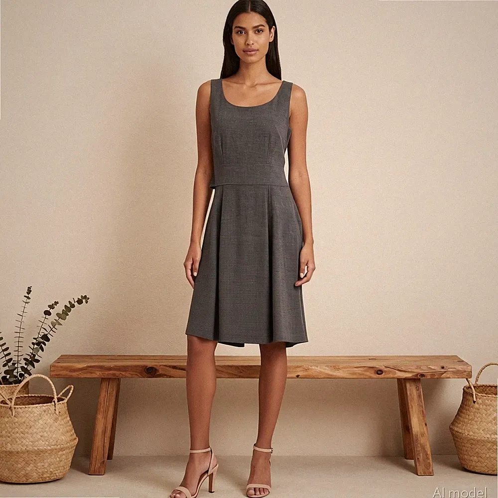 Minimal Elegant Knielang Kleid Grau A-Linie Tiefer Rundhals Ärmellos Gr. 36