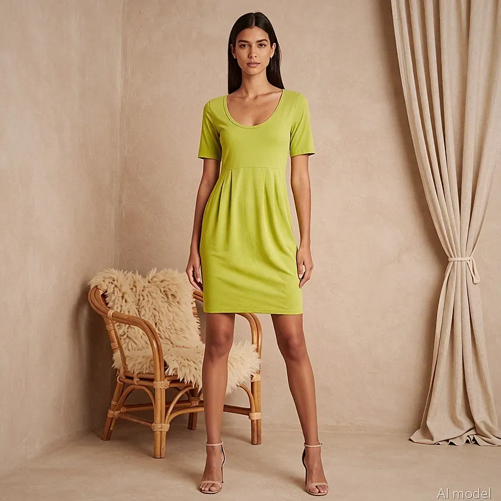 Minimal Knielang Kleid Grün Jersey A-Linie Tiefer Rundhals Kurzarm S
