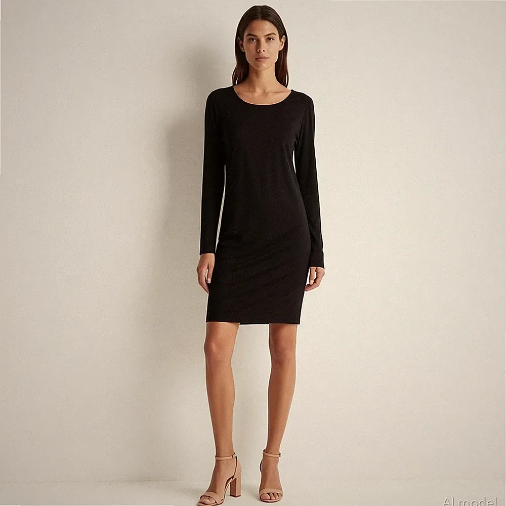 Minimal Knielang Kleid Schwarz Baumwollmischung Etui Tiefer Rundhals Langarm L
