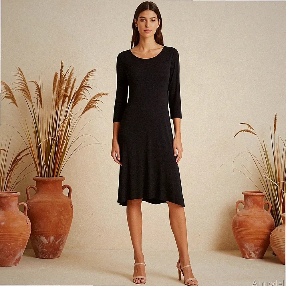 Minimal Midi Kleid Schwarz Jersey Hänger Tiefer Rundhals 3/4 Arm Stretch M
