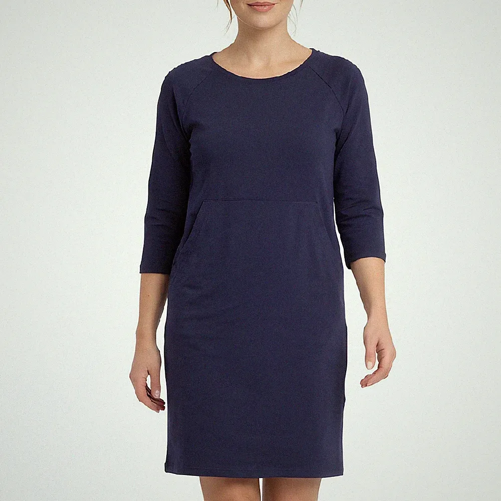 Minimalistisches dunkelblaues Etuikleid mit Taschen 3/4 Arm Freizeitkleid, Gr...