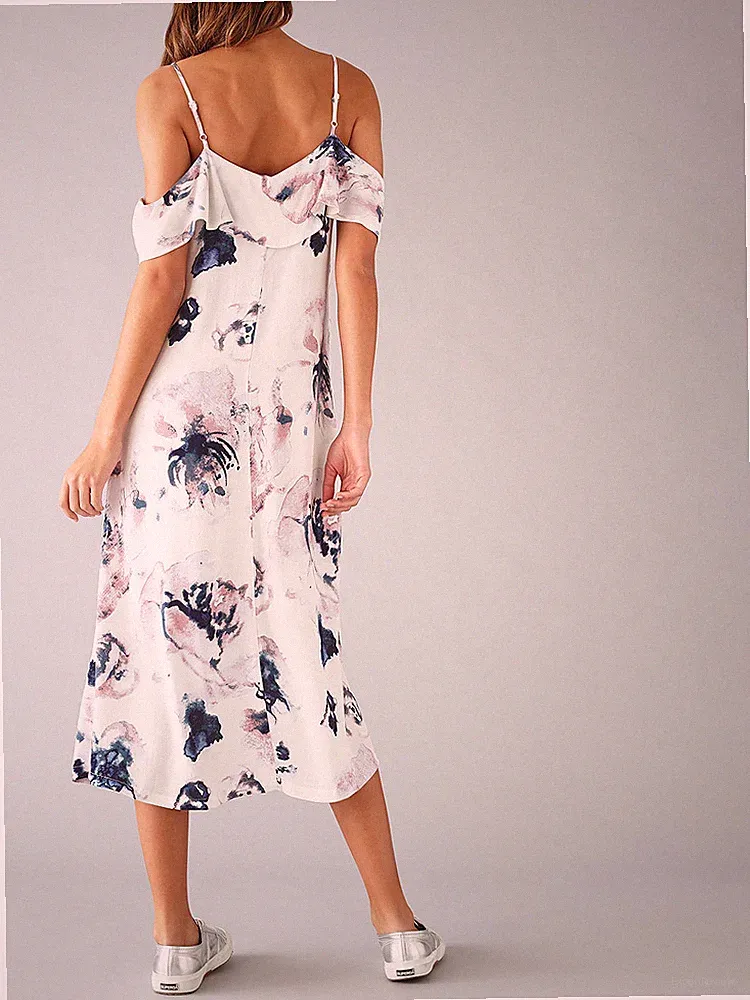 Minimum Floral Print Bardot Midi White Floral Dress UK 12 EU 40