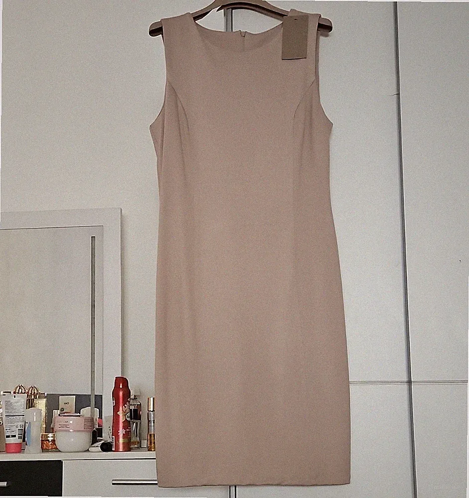Mirror Co. Damen Etuikleid beige ärmellos Rundhals knie L Zip Business ART5334