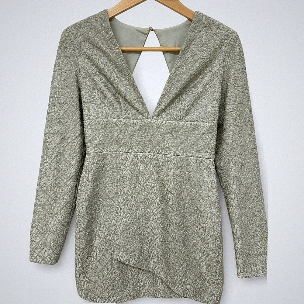 Misha Collection Metallic Sage Open Back Mini Dress Wedding Guest Size 4