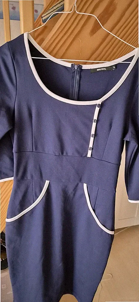 MIUSOL Damen Etuikleid S blau/weiß 3/4-Arm Rundhals Reißverschluss kurz