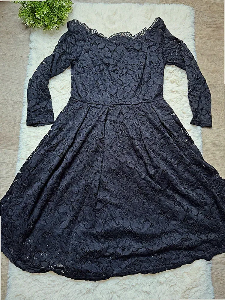 MIUSOL Damen Spitzenkleid Schwarz Midi Langarm U-Boot A-Linie Blumen Gr. S