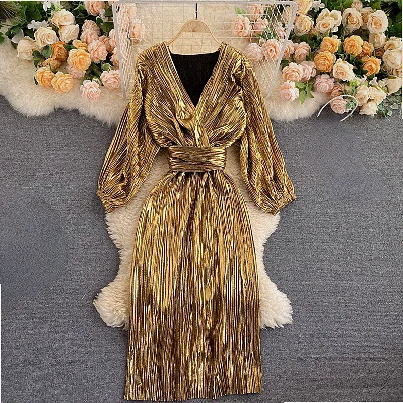 Mode Damen Midi Kleid Langärmelig Rüschen V-Ausschnitt mit Gürtel Party Bankett