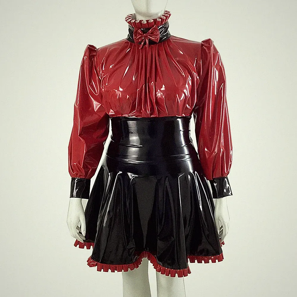Mode PVC Rüschen Hoher Hals Mini Plissee Kleid Patchwork Kurzes Kleid