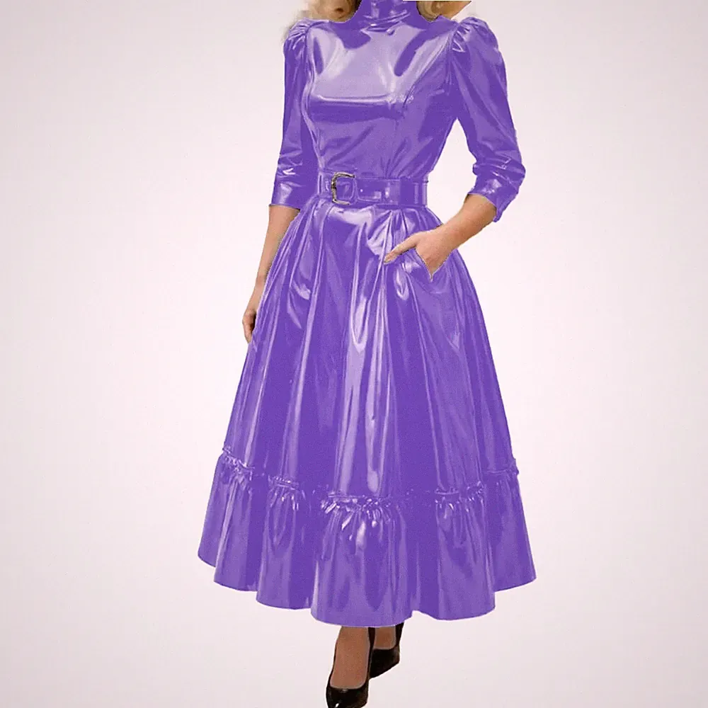 Mode Rollkragen Solide Glänzend PVC Leder A-Linie Kleid Weiblich Elegant Vestido