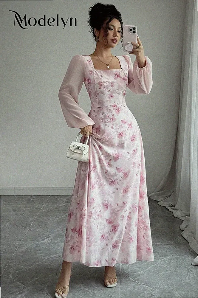 Modelyn Damen Midi-Kleid A-Linie Langarm eckiger Ausschnitt Blumen rosa XS