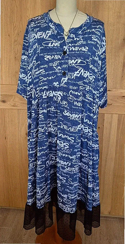 Modernes Kleid mit Schriftzügen, Rafay, Gr. 54/56, blau/weiß/schwarz, A-Linie
