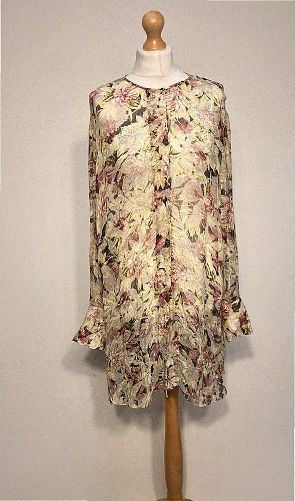 Modernes Rarität Kleid Damen Größe UK 14 Blumenmuster transparent Knopf Langarm Sommer