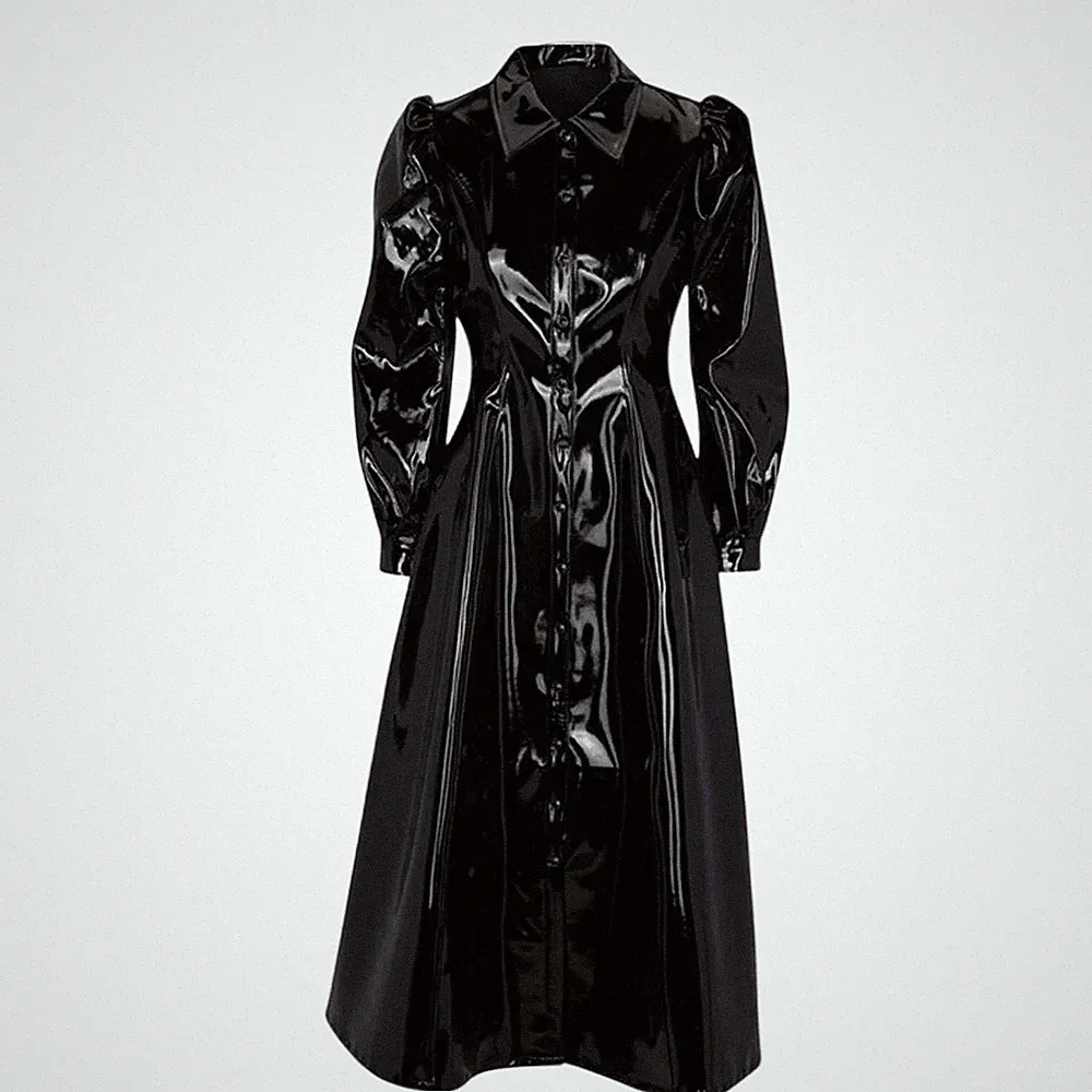 Modisches Einreiher-A-Linien-Langes Kleid aus Kunstleder mit Umlegekragen