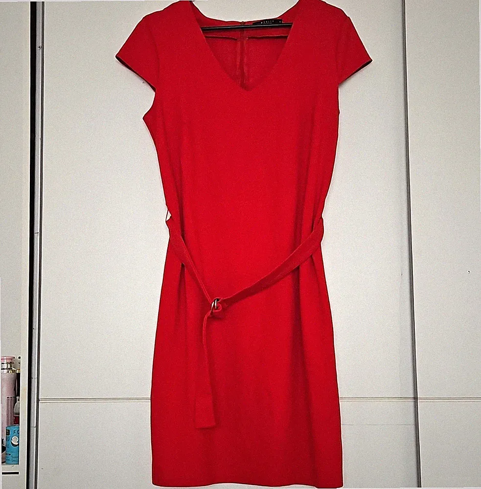 MOHITO Damen Etuikleid rot unifarben V-Ausschnitt Kurzarm knie Gürtel XL RV