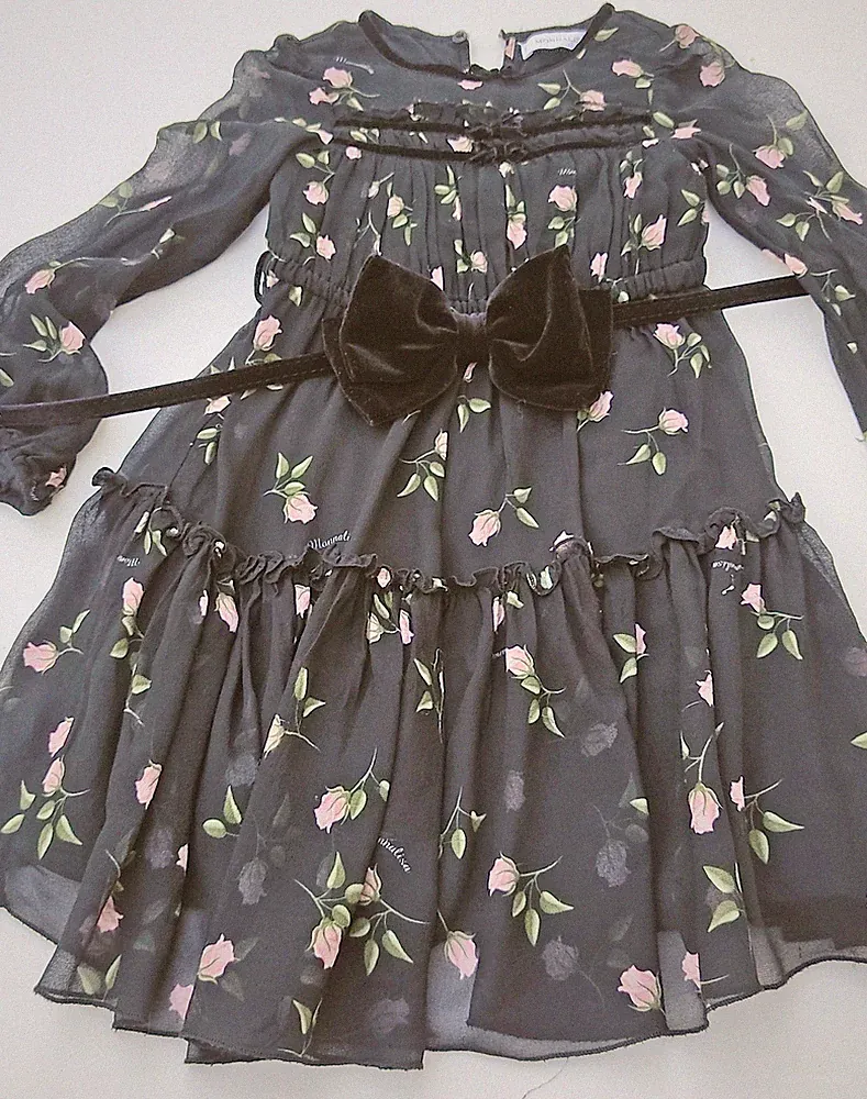 Monnalisa Luxus-Mädchenkleid Schwarz mit Blumenmuster Rosenmuster Gr.110 116
