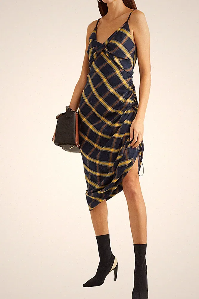 Monse £1095 asymmetrisches marineblau kariertes Baumwoll-Midikleid UK 10 US 6 FR 38 neu mit Etikett
