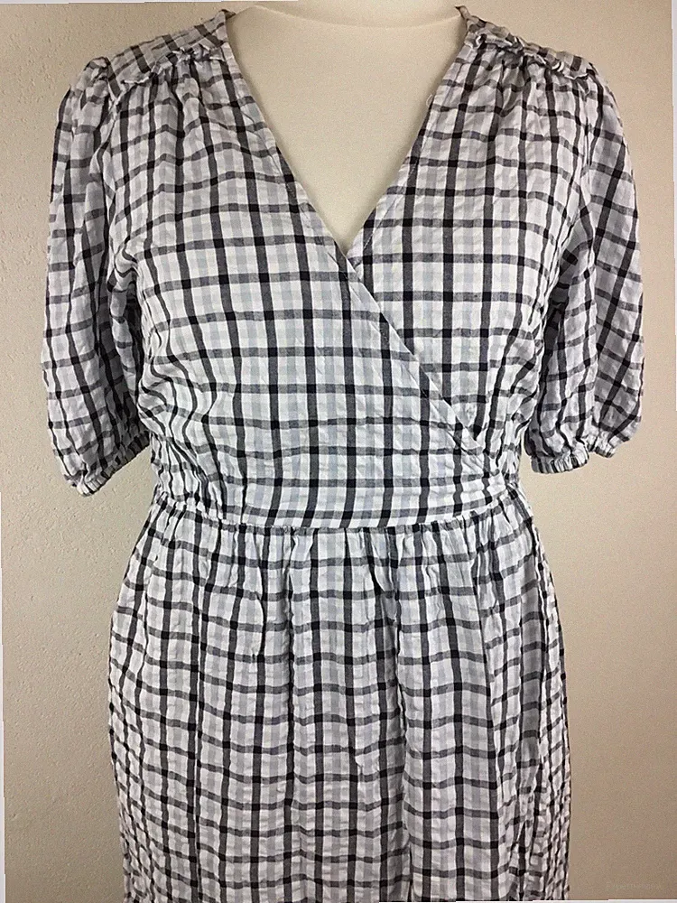 Monsoon;100%Baumwolle V-Ausschnitt Halbarm A-Linie Wickel Stil Kleid Blau Gr.44