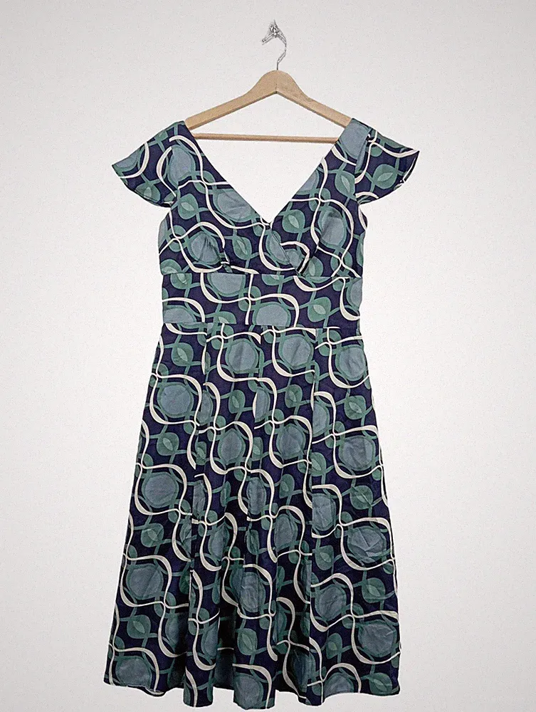 Monsoon A-Linien Kleid Seide Blau Gr. 42 Freizeitkleid Elegant Vintage