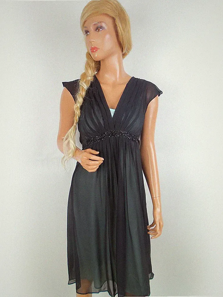 MONSOON Damen A-Linien-Kleid Gr. 36 Schwarz Kurzer Ärmel Kristalle Midi