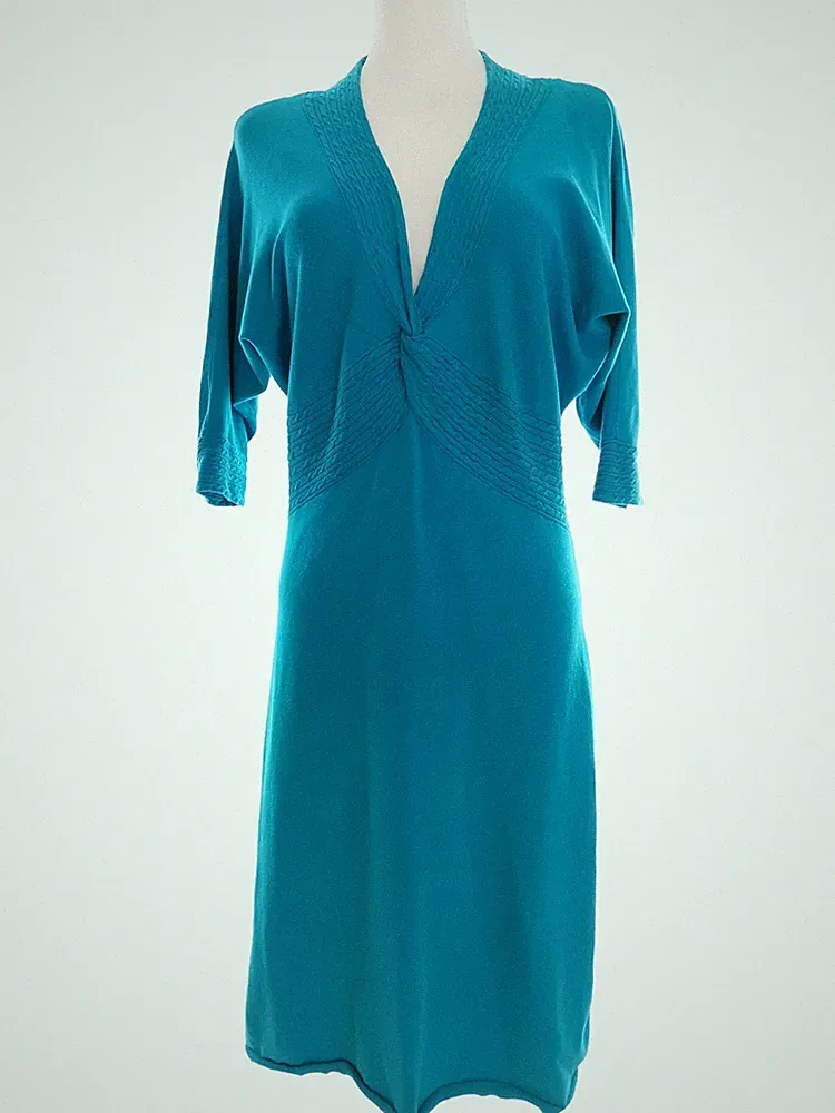 MONSOON Damen A-Linien-Kleid Gr. 38 Blau Baumwolle 3/4 Ärmel Midi V-Ausschnitt