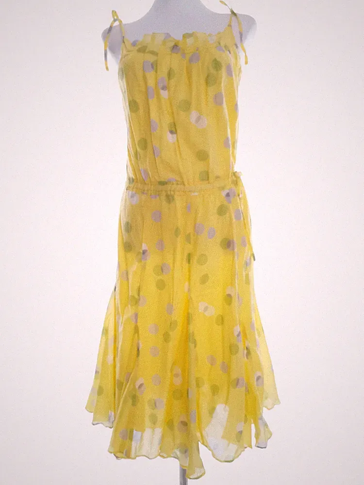MONSOON Damen A-Linien-Kleid Gr. 38 Gelb Baumwolle 100% Ärmellos Rüsche Punkte