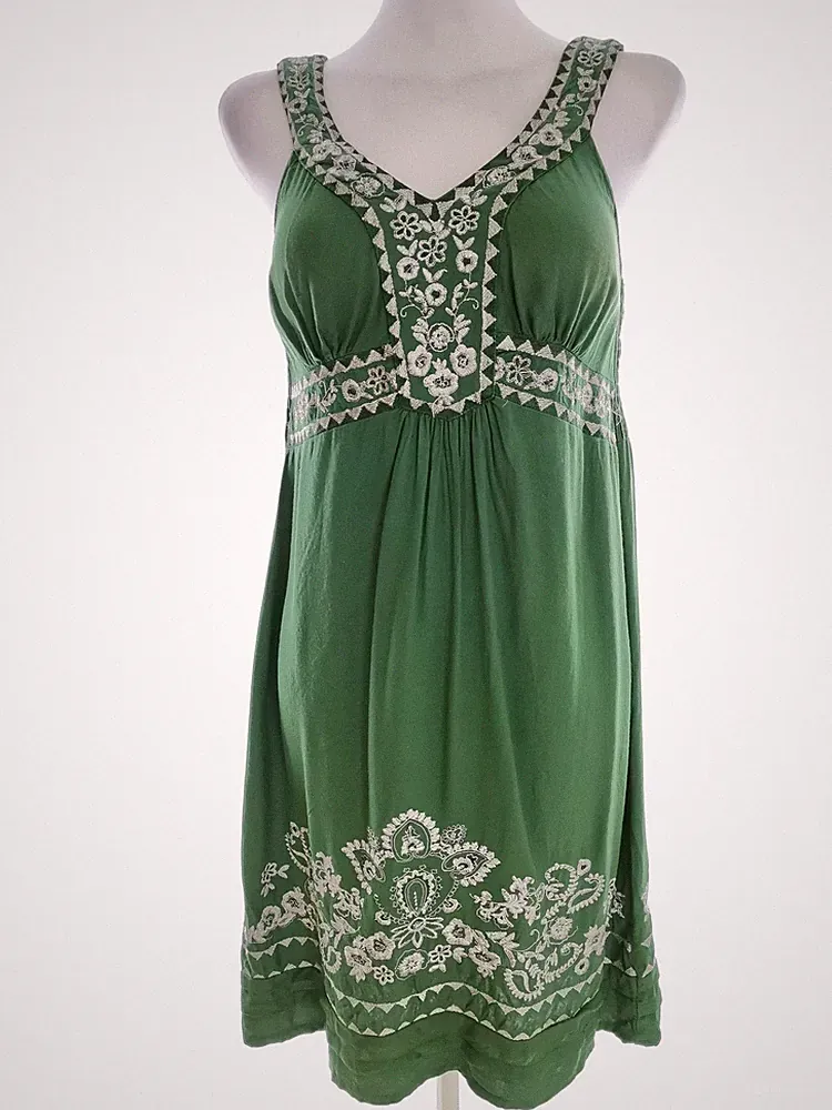 MONSOON Damen A-Linien-Kleid Gr. 38 Grün Ärmellos Stickerei Knielang