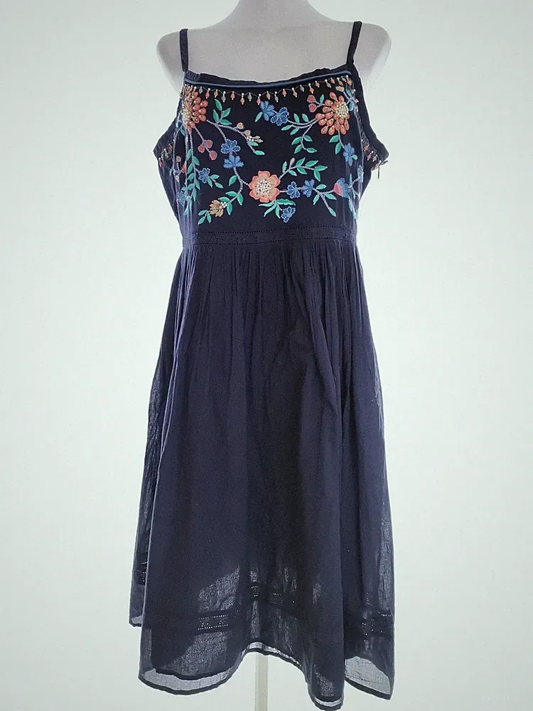 MONSOON Damen A-Linien-Kleid Gr. 42 Marineblau Baumwolle 100% Ärmellos
