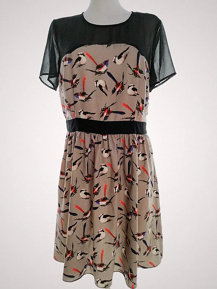 MONSOON Damen A-Linien-Kleid Gr. 42 Schwarz Kurzer Ärmel Knielang Runder