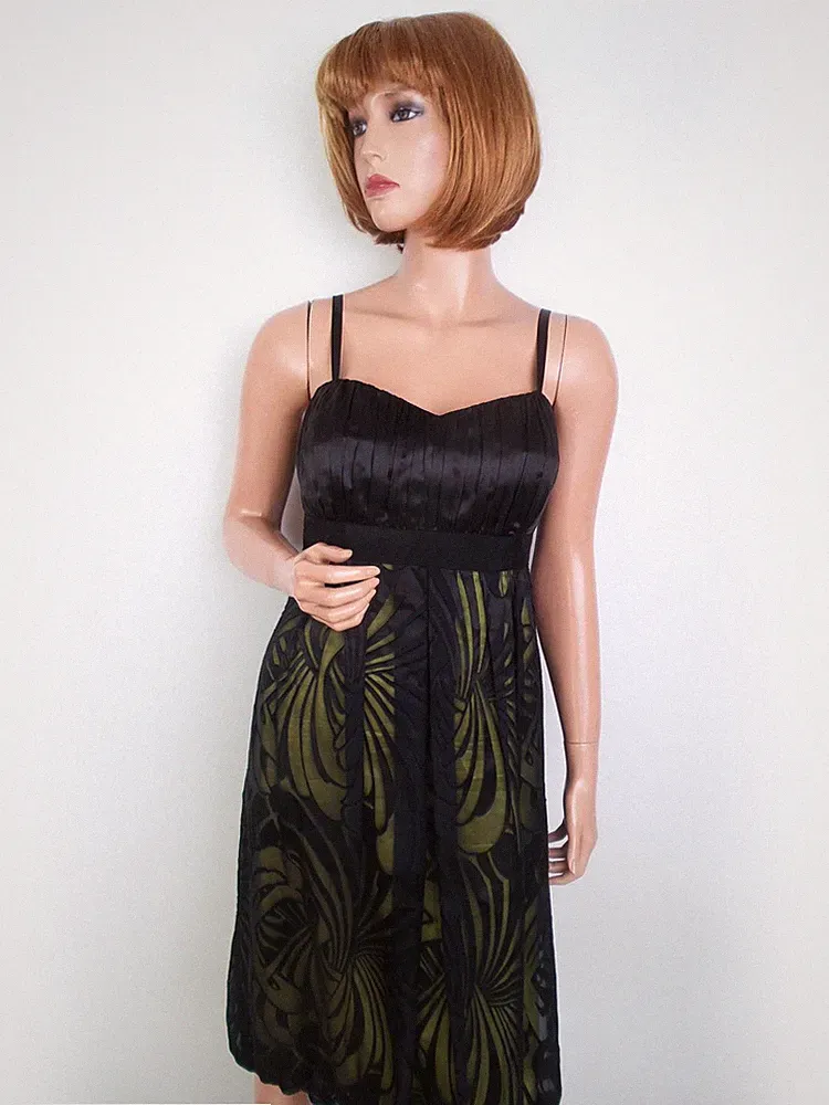 MONSOON Damen A-Linien-Kleid Gr. 42 Schwarz Seide Ärmellos Midi Herzausschnitt