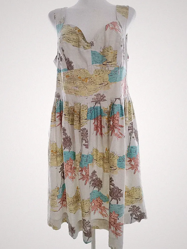 MONSOON Damen A-Linien-Kleid Gr. 44 Creme Leinen Ärmellos Midi Schulterfrei