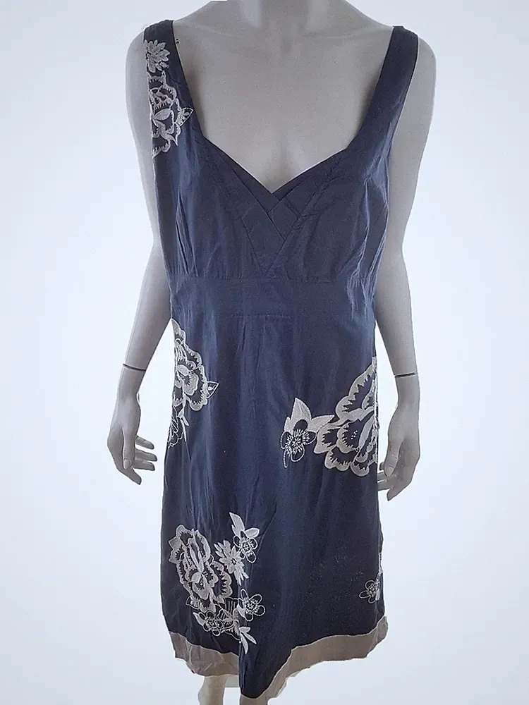 MONSOON Damen A-Linien-Kleid Gr. 46 Marineblau Baumwolle Ärmellos Stickerei Midi