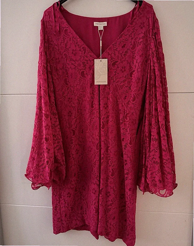 Monsoon Damen Etuikleid kurz Spitze Blumenmuster Langarm V-Ausschnitt Gr.46