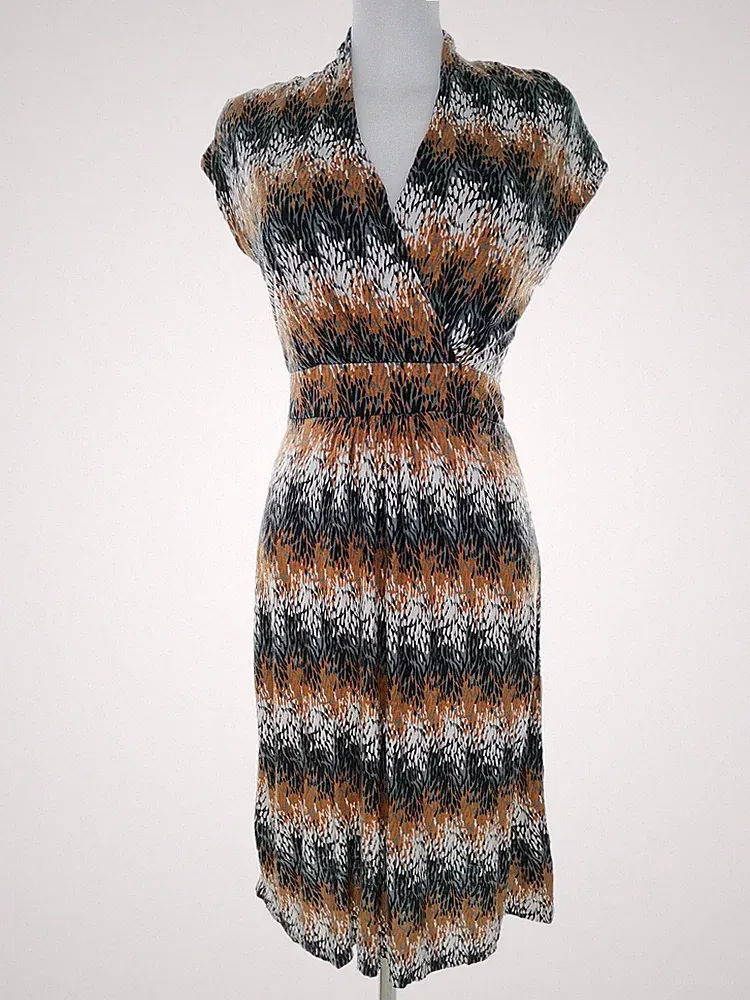 MONSOON Damen Kleid Gr. 38 Braun Viskose 100% Kurzer Ärmel Midi V-Ausschnitt